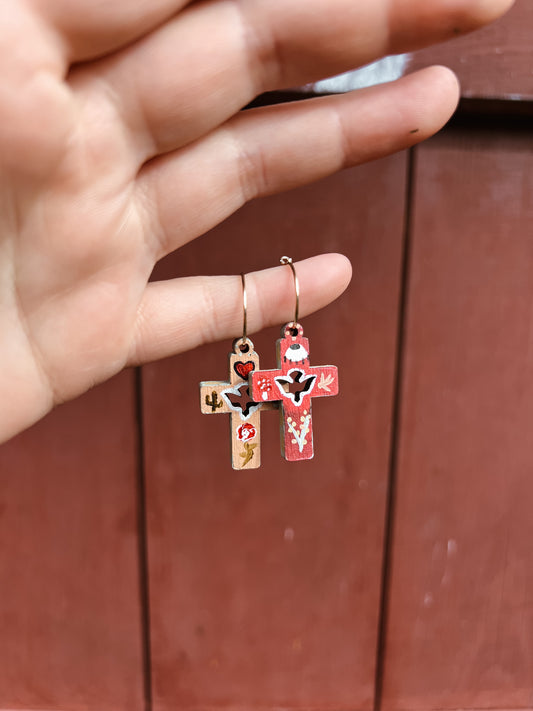‘Rose Of The Desert’ Olive wood comfort cross earrings