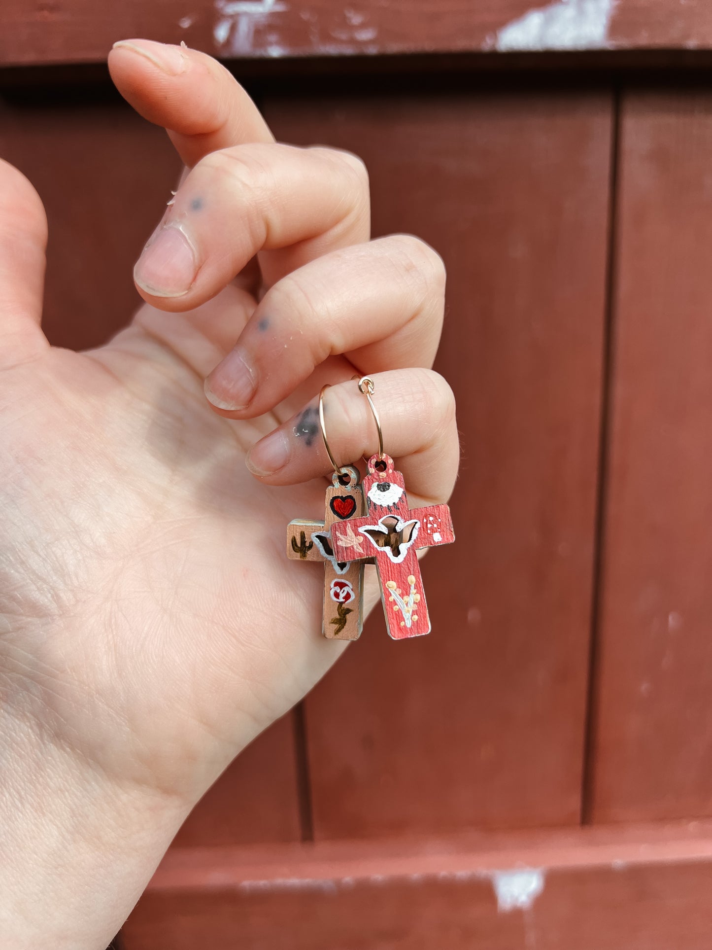 ‘Rose Of The Desert’ Olive wood comfort cross earrings