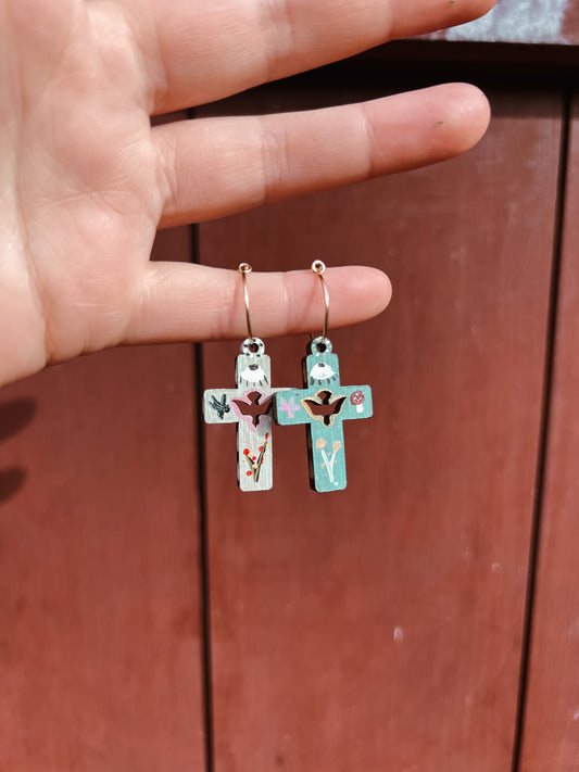 ‘Rose Of The Desert’ Olive wood comfort cross earrings