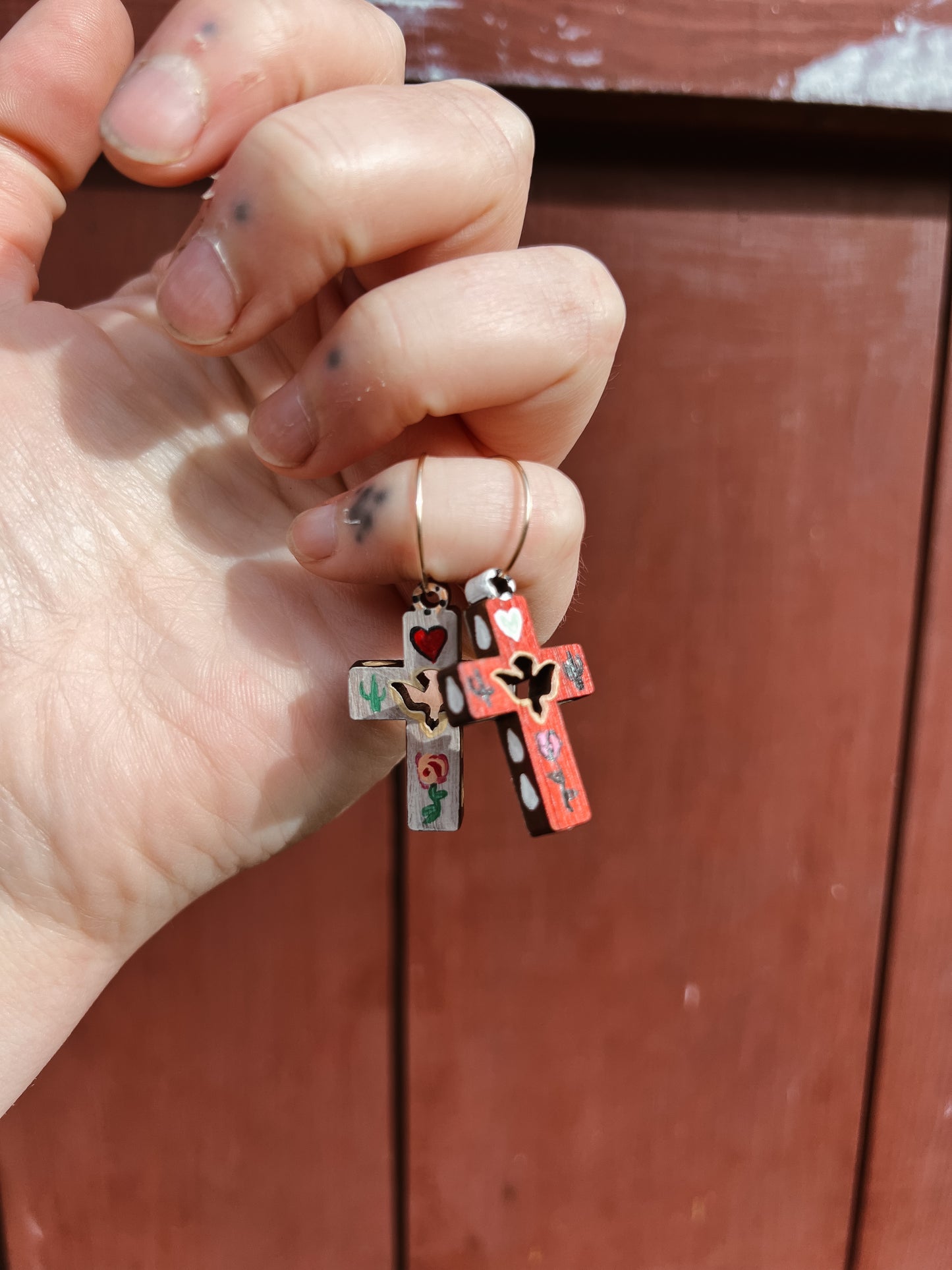 ‘Rose Of The Desert’ Olive wood comfort cross earrings
