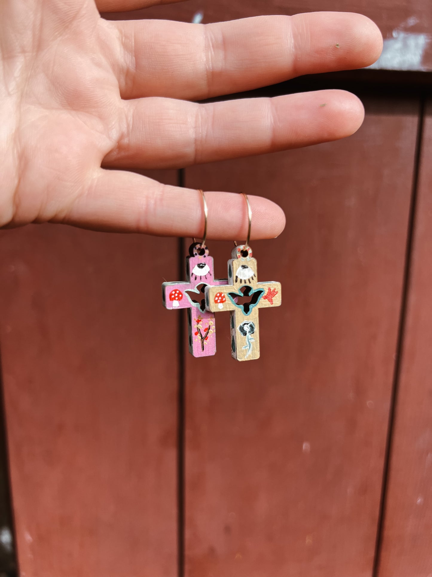 ‘Rose Of The Desert’ Olive wood comfort cross earrings