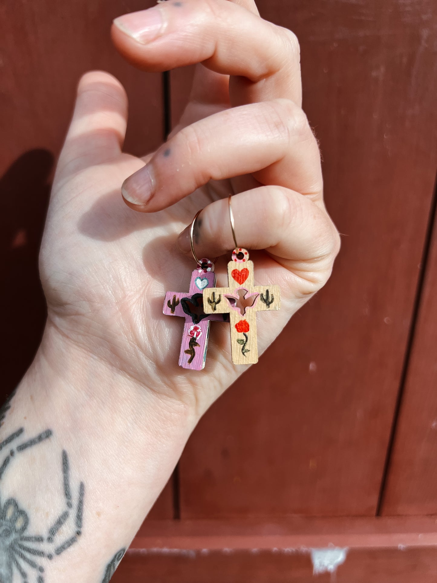 ‘Rose Of The Desert’ Olive wood comfort cross earrings