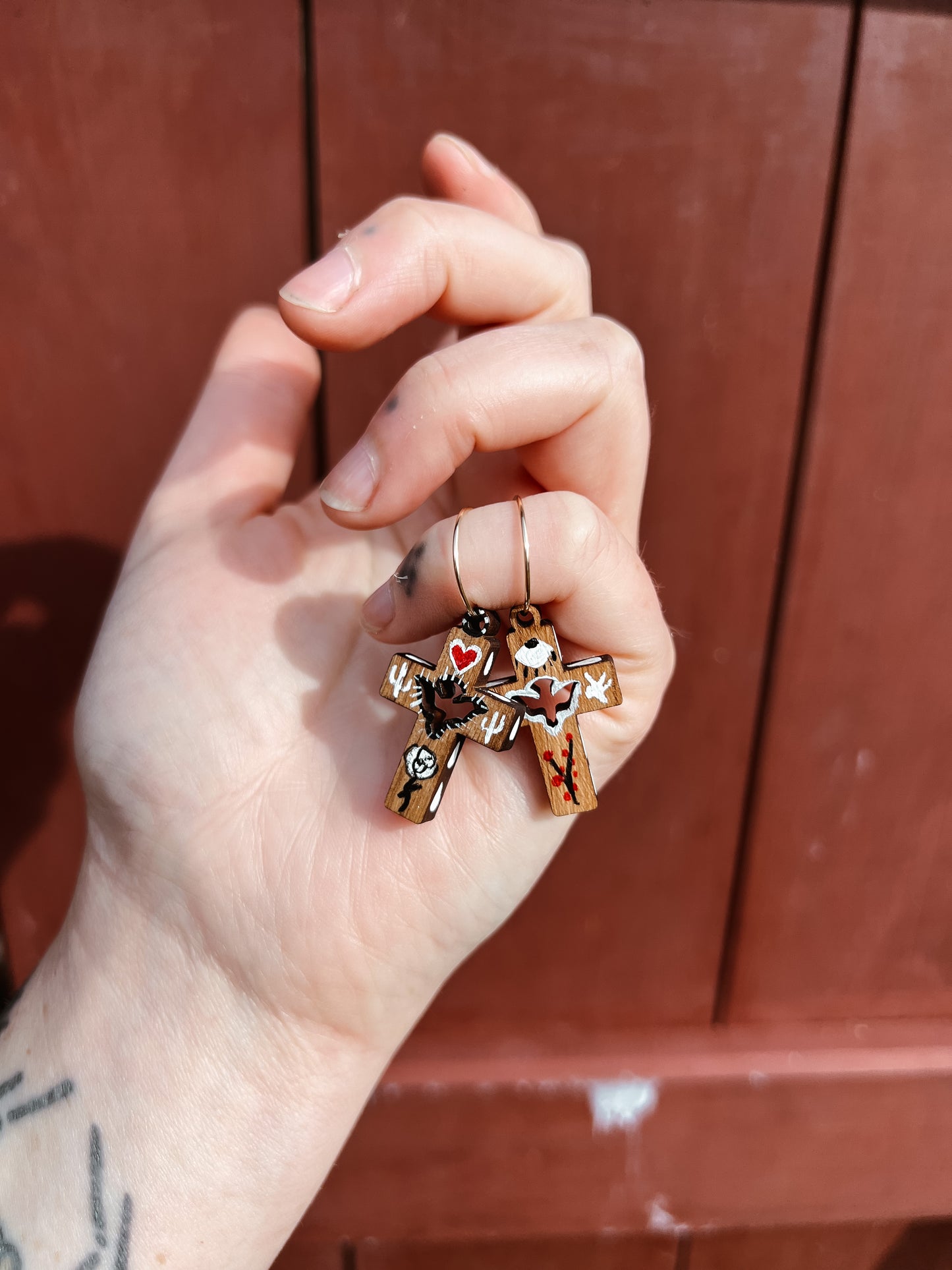 ‘Rose Of The Desert’ Olive wood comfort cross earrings