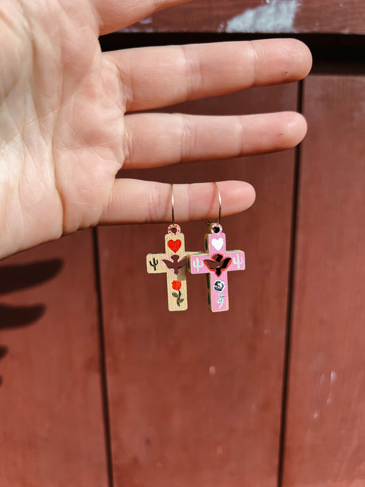 ‘Rose Of The Desert’ Olive wood comfort cross earrings