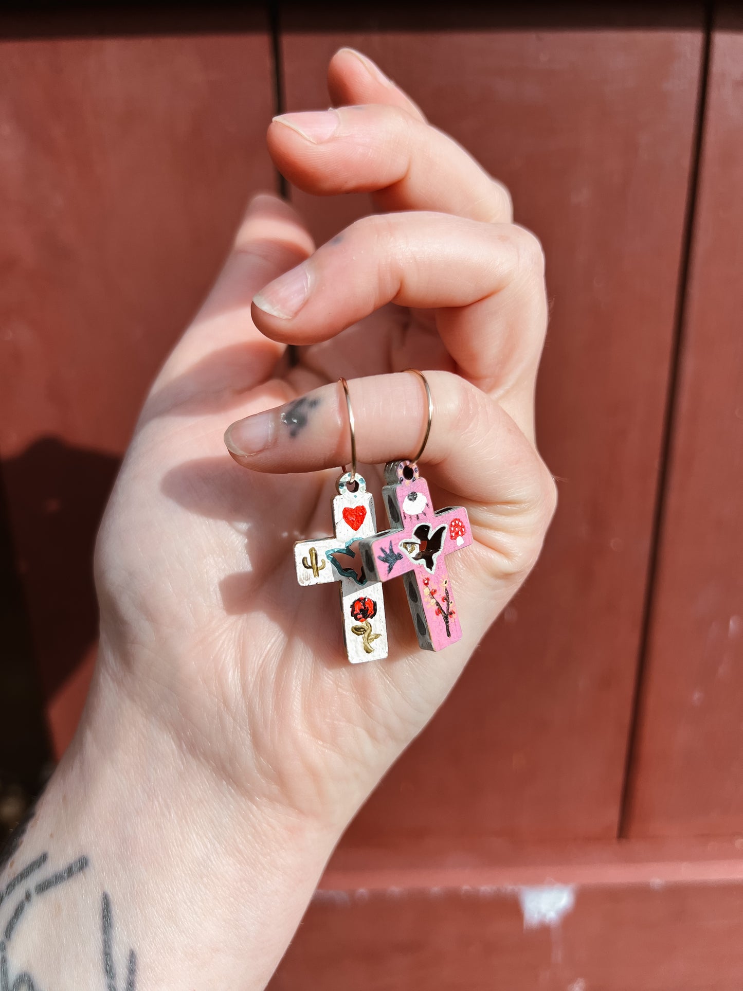 ‘Rose Of The Desert’ Olive wood comfort cross earrings