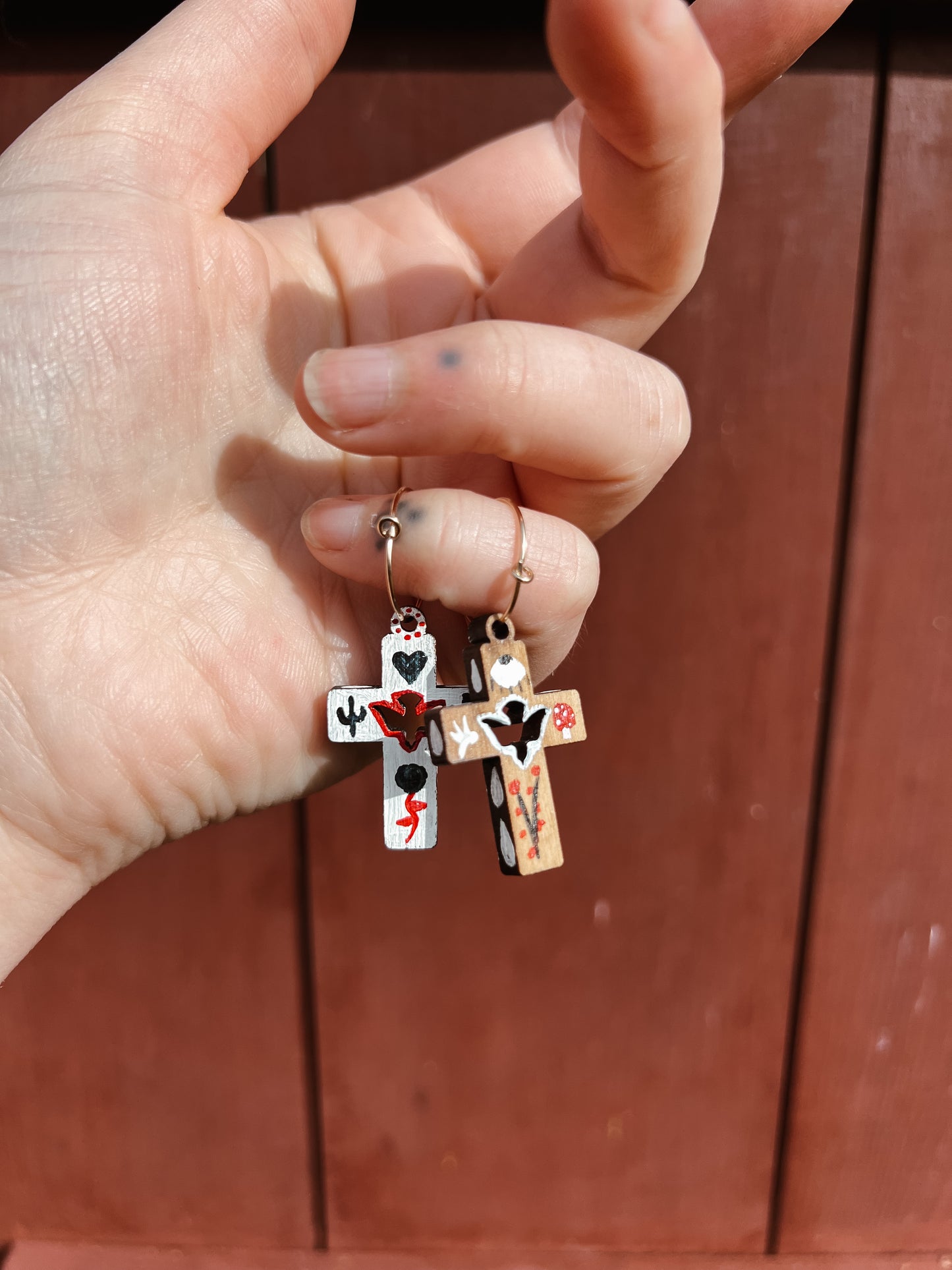 ‘Rose Of The Desert’ Olive wood comfort cross earrings