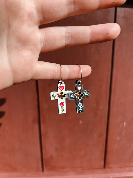 ‘Rose Of The Desert’ Olive wood comfort cross earrings