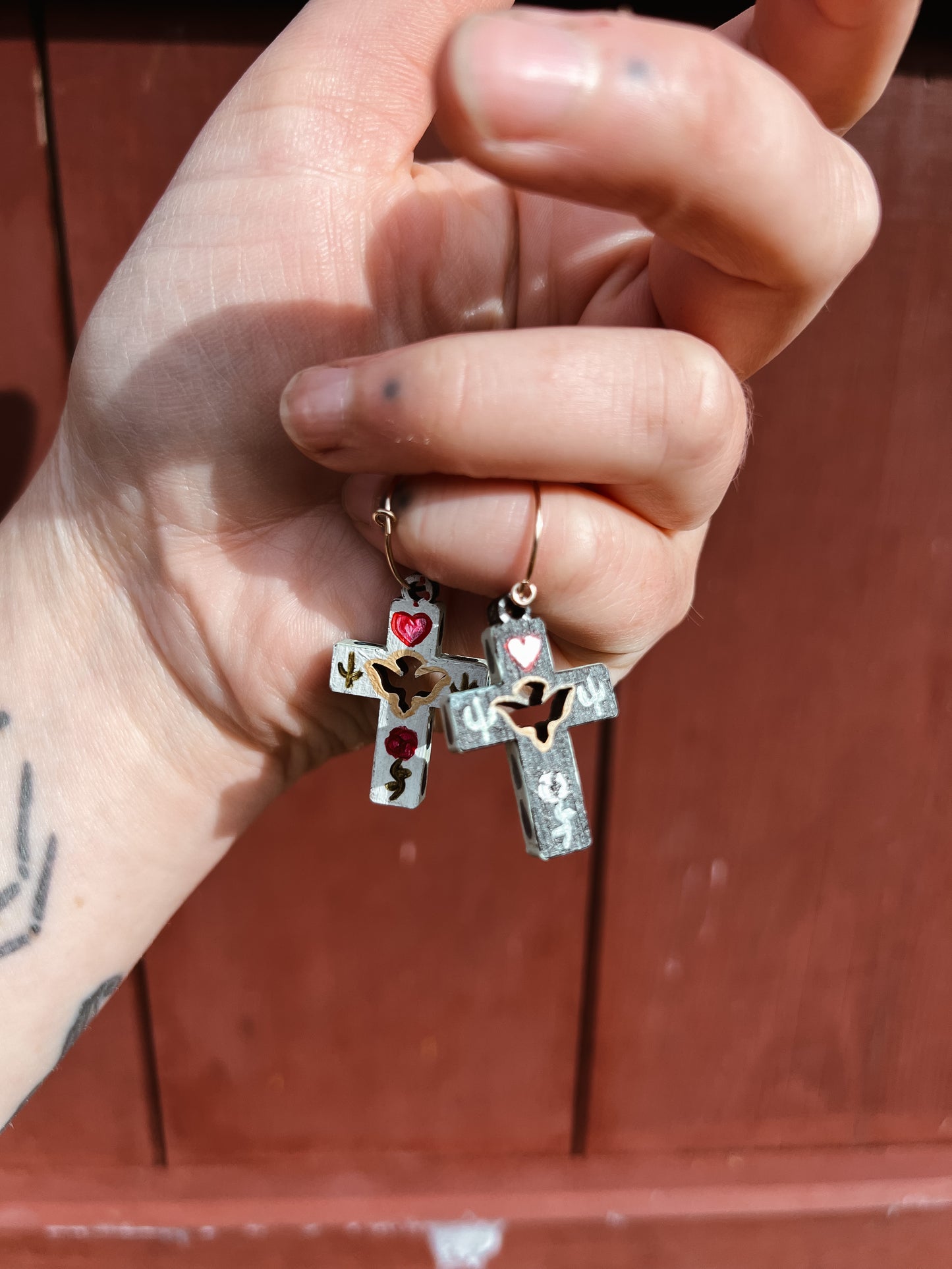 ‘Rose Of The Desert’ Olive wood comfort cross earrings