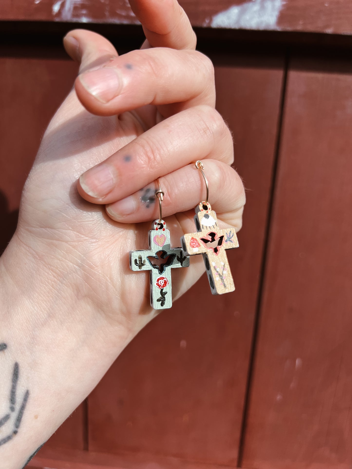 ‘Rose Of The Desert’ Olive wood comfort cross earrings